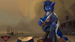 Size: 3840x2160 | Tagged: safe, artist:tsaritsaluna, princess luna, alicorn, pony, g4, alternate hairstyle, barrel, bipedal, boat, book, boots, boulder, box, building, cape, clothes, crate, drums, fine art parody, fort, high res, looking at you, musical instrument, peter the great, ponified, rock, sailship, sash, scroll, ship, shoes