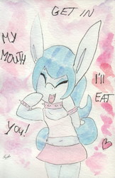 Size: 688x1061 | Tagged: safe, artist:slightlyshade, sonata dusk, pony, g4, belly button, bipedal, clothes, female, heart, imminent vore, midriff, miniskirt, ponified, skirt, solo, tank top, traditional art