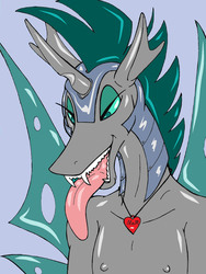 Size: 1200x1600 | Tagged: safe, artist:anubislaughed, oc, oc only, changeling, anthro, anthro oc, armor, changeling oc, clothes, fangs, green eyes, helmet, horn, jewelry, long tongue, male, maw, mouth, necklace, nipples, nudity, open mouth, partial nudity, simple background, solo, tongue out, topless, wings