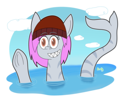 Size: 2500x2000 | Tagged: safe, artist:b-cacto, oc, oc only, oc:bleedshark, original species, shark pony, beanie, cloud, hat, high res, raised tail, sharp teeth, simple background, solo, tail, teeth, transparent background, underhoof, water
