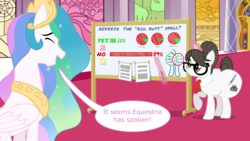 Size: 10667x6000 | Tagged: safe, artist:ithinkitsdivine, princess celestia, raven, alicorn, pony, unicorn, g4, absurd resolution, bottom heavy, butt, dialogue, duo, female, graph, huge butt, impossibly large butt, large butt, levitation, magic, mare, plot, pointer, show accurate, smiling, story included, telekinesis, the ass was fat, throne room, vote, whiteboard