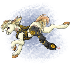 Size: 2000x2000 | Tagged: safe, artist:sourcherry, oc, oc only, oc:shining example, cyborg, earth pony, pony, fallout equestria, amputee, angry, high res, male, muscles, prosthetic leg, prosthetic limb, prosthetics, solo, stallion, unshorn fetlocks, wasteland ventures