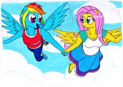 Size: 3491x2464 | Tagged: safe, artist:killerteddybear94, fluttershy, rainbow dash, pegasus, anthro, g4, clothes, cloud, duo, duo female, female, flying, high res, holding hands, lesbian, looking at each other, mare, open mouth, ship:flutterdash, shipping, shirt, shoes, skirt, sky, smiling, t-shirt, tank top, traditional art