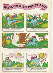 Size: 720x1000 | Tagged: safe, official comic, sunlight (g1), earth pony, pony, comic:my little pony (g1), g1, official, backstory, bow, character feature article, cloud, comic, eyes closed, female, happy, mare, meadow, music notes, playing, poem, pony land, ponyland, rain, rainbow, rainbow hair, rainbow tail, rainbow trail, running, singing, sun, tail bow, welcome to pony land