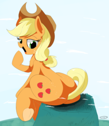 Size: 2765x3219 | Tagged: safe, artist:taurson, applejack, earth pony, pony, g4, applebutt, butt, cowboy hat, female, giant pony, hat, high res, looking back, macro, mare, mountain, plot, sitting, smiling, solo, stetson