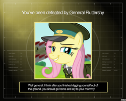 Size: 1280x1024 | Tagged: safe, artist:a4r91n, fluttershy, pegasus, pony, g4, artillery, cannon, cap, clothes, command and conquer, command and conquer: generals, crossover, female, hat, lidded eyes, looking at you, military uniform, missile, missile launcher, necktie, peaked cap, smug, smugshy, solo, uniform, you lose