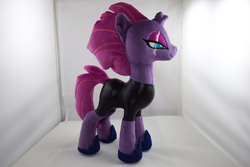 Size: 4496x3000 | Tagged: safe, artist:planetplush, tempest shadow, pony, unicorn, g4, bodysuit, broken horn, clothes, colored pupils, eye scar, female, hoof shoes, horn, irl, lidded eyes, mare, photo, plushie, scar, solo, standing