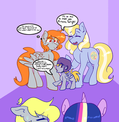 Size: 1280x1310 | Tagged: safe, artist:cubbybatdoodles, bubblecup, crackle pop, derpy hooves, orange box, twilight sparkle, alicorn, earth pony, pegasus, pony, g3, g4, brother and sister, colt, dialogue, female, food, implied lesbian, implied shipping, male, mare, mother and daughter, mother and son, orange, siblings, sisters