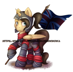 Size: 800x785 | Tagged: safe, artist:pingwinowa, oc, oc only, oc:eternal light, alicorn, pony, alicorn oc, armor, clothes, flag, horn, looking at you, male, ponytail, simple background, solo, transparent background, wings