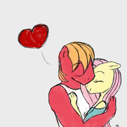 Size: 4000x4000 | Tagged: safe, artist:kaleysia, big macintosh, fluttershy, earth pony, anthro, g4, eyes closed, female, gray background, heart, hug, male, ship:fluttermac, shipping, simple background, straight