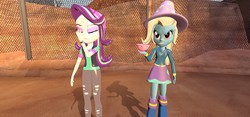 Size: 1280x600 | Tagged: safe, artist:xrainbinex, starlight glimmer, trixie, equestria girls, g4, 3d, clothes, eyes closed, female, hat, open mouth, smiling, watch