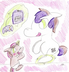 Size: 1642x1706 | Tagged: safe, artist:ptitemouette, oc, oc:rhyme mash, oc:squeezie, brother and sister, female, gamecube, male, next generation, nintendo 64, offspring, parent:button mash, parent:sweetie belle, parents:sweetiemash