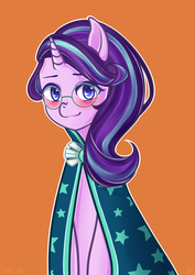 Size: 1499x2121 | Tagged: safe, artist:liny-an, starlight glimmer, pony, unicorn, g4, blushing, clothes, female, glasses, happy, looking at you, mare, orange background, shy, simple background, smiling, solo