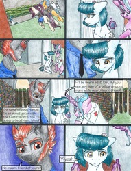 Size: 1950x2550 | Tagged: safe, artist:tillie-tmb, oc, oc only, oc:meadow lark, oc:rebus hunter, earth pony, pony, unicorn, comic:the amulet of shades, comic, female, magic, male, mare, stallion, traditional art