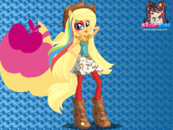 Size: 796x598 | Tagged: safe, artist:user15432, applejack, equestria girls, g4, my little pony equestria girls: rainbow rocks, boots, clothes, cowboy hat, dressup, dressup game, hasbro, hasbro studios, hat, ponied up, pony ears, rainbow hair, rainbow rocks outfit, rock and roll, shoes, solo, starsue