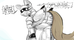 Size: 1569x848 | Tagged: safe, artist:testostepone, oc, oc only, oc:runtime, pony, robot, robot pony, butt, dialogue, female, glowing eyes, looking at you, looking back, plot, showing off, simple background, solo