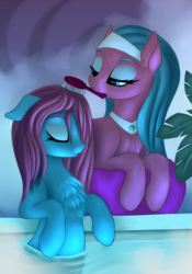 Size: 1049x1500 | Tagged: safe, artist:lightly-san, aloe, lotus blossom, earth pony, pony, g4, chest fluff, duo, eyes closed, eyeshadow, female, hairbrush, makeup, mare, relaxing, sisters, spa twins, water