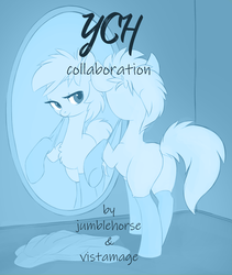 Size: 1565x1853 | Tagged: safe, artist:jumblehorse, artist:vistamage, advertisement, butt, clothes, collaboration, commission, mirror, plot, socks, your character here