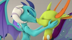 Size: 1920x1080 | Tagged: safe, artist:andrescortez7, derpibooru exclusive, princess ember, thorax, changedling, changeling, dragon, g4, 3d, digital art, dragoness, duo, eyes closed, female, interspecies, king thorax, kiss on the lips, kissing, male, ship:embrax, shipping, source filmmaker, straight