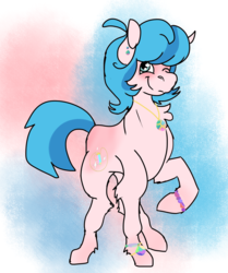 Size: 1665x1991 | Tagged: safe, artist:euspuche, oc, oc only, earth pony, pony, abstract background, bracelet, collar, ear piercing, jewelry, looking at you, one eye closed, piercing, raised hoof, smiling, wink