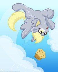 Size: 1024x1280 | Tagged: safe, artist:yoshimarsart, derpy hooves, pegasus, pony, g4, cloud, female, flying, food, mare, muffin, sky, smiling, solo, spread wings, upside down, watermark, wings
