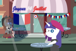 Size: 6000x4000 | Tagged: safe, artist:steampunk-brony, rarity, oc, oc:steamy, oc:velvet remedy, pony, fallout equestria, g4, 14 juillet, absurd resolution, beatnik rarity, beret, clothes, food, french, hat, one eye closed, plushie, pointy ponies, sweater, wink