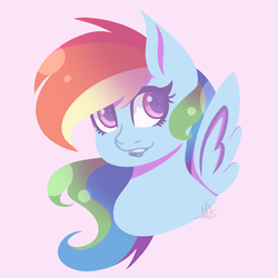 Size: 1024x1024 | Tagged: safe, artist:misskitkat2002, rainbow dash, pony, g4, bust, female, mare, pink background, portrait, simple background, solo, spread wings, wings