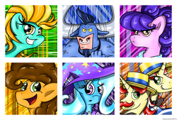 Size: 3400x2300 | Tagged: safe, artist:flamevulture17, cheese sandwich, flam, flim, iron will, lightning dust, suri polomare, trixie, earth pony, minotaur, pegasus, pony, unicorn, g4, cape, clothes, cute, diacheeses, dustabetes, facial hair, female, flamabetes, flim flam brothers, flimabetes, hat, high res, looking at you, male, mare, moustache, necktie, nose piercing, nose ring, piercing, septum piercing, smiling, smiling at you, stallion, straw hat, suribetes, trixie's cape, trixie's hat, willabetes