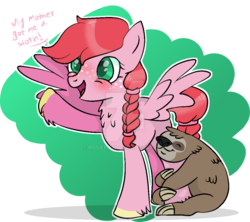 Size: 1024x909 | Tagged: safe, artist:rosiepie15, oc, oc only, oc:daisy, oc:speedy the sloth, pegasus, pony, sloth, base used, braid, chest fluff, female, freckles, hug, leg hug, mare, offspring, parent:big macintosh, parent:fluttershy, parents:fluttermac, pet oc, simple background, solo, transparent background, unshorn fetlocks, watermark