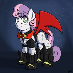 Size: 1920x1920 | Tagged: safe, artist:ashtoneer, sweetie belle, pony, robot, robot pony, unicorn, g4, armor, blank flank, female, filly, foal, hooves, horn, mazinger, mazinkaiser, older, smiling, solo, sweetie bot