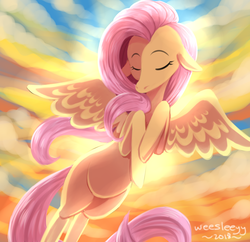 Size: 2788x2696 | Tagged: safe, artist:weesleeyy, fluttershy, pegasus, pony, g4, backlighting, eyes closed, female, floppy ears, flying, high res, hooves to the chest, mare, sky, solo, spread wings, sunlight, turned head, wings