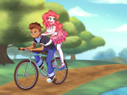 Size: 3600x2700 | Tagged: safe, artist:lucy-tan, pinkie pie, oc, oc:copper plume, equestria girls, g4, my little pony equestria girls: better together, bicycle, canon x oc, clothes, cloud, commissioner:imperfectxiii, converse, copperpie, cute, duo, female, freckles, geode of sugar bombs, glasses, high res, jeans, male, microskirt, miniskirt, neckerchief, pants, sandals, scenery, shirt, shoes, skirt, sneakers, stockings, straight, thigh highs, thigh socks, tree, water