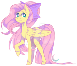 Size: 1024x868 | Tagged: safe, artist:raxolot, fluttershy, pegasus, pony, g4, bow, female, hair bow, looking away, looking sideways, mare, raised hoof, simple background, solo, standing, transparent background, watermark, wings