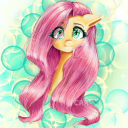 Size: 1070x1070 | Tagged: safe, artist:crystalcrr, fluttershy, pegasus, pony, g4, abstract background, bust, female, front view, full face view, looking at you, mare, portrait, solo, stray strand
