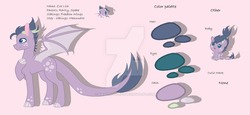 Size: 1024x469 | Tagged: safe, artist:kiralindocruz, oc, oc only, oc:zoe lila, dracony, hybrid, baby, base used, female, interspecies offspring, offspring, parent:rarity, parent:spike, parents:sparity, pink background, reference sheet, simple background, solo, watermark