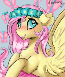 Size: 433x509 | Tagged: safe, artist:h0rsefeathers, fluttershy, pegasus, pony, g4, blushing, bust, chest fluff, cute, female, floppy ears, floral head wreath, flower, flower in hair, looking up, mare, open mouth, shyabetes, smiling, solo, spread wings, wings