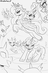 Size: 831x1262 | Tagged: safe, artist:h0rsefeathers, princess cadance, princess flurry heart, queen chrysalis, shining armor, alicorn, changeling, pony, unicorn, g4, female, filly, male, mare, sketch, stallion
