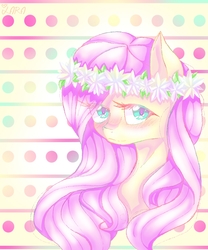 Size: 900x1080 | Tagged: safe, artist:luiblos, fluttershy, pegasus, pony, g4, abstract background, blushing, bust, eye clipping through hair, female, floral head wreath, flower, looking at you, looking sideways, mare, portrait, solo, three quarter view