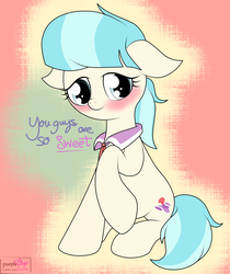 Size: 2975x3550 | Tagged: safe, artist:php142, coco pommel, earth pony, pony, g4, blushing, clothes, cocobetes, cute, female, floppy ears, high res, hnnng, looking at you, necktie, raised hoof, sitting, smiling, solo, text