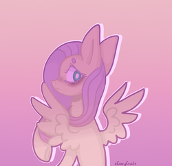 Size: 1748x1692 | Tagged: safe, artist:xcrazycrustx, fluttershy, pegasus, pony, g4, bust, female, looking at you, looking back, looking back at you, mare, profile, raised hoof, rear view, sitting, solo, spread wings, wings