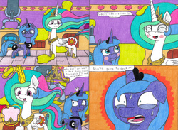 Size: 4320x3169 | Tagged: safe, artist:eternaljonathan, princess celestia, princess luna, alicorn, pony, comic:first three back, g4, blushing, butt, canterlot, canterlot castle, castle, comic, fear, female, growling, hat, hungry, jewelry, kitchen, mare, pencil drawing, plot, pot, royal sisters, s1 luna, slime, stomach, stomach growl, stomach noise, stove, tiara, traditional art