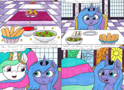 Size: 4372x3174 | Tagged: safe, artist:eternaljonathan, princess celestia, princess luna, alicorn, pony, comic:first three back, g4, basket, bread sticks, canterlot, canterlot castle, castle, comic, dinning room, drool, female, filly, filly luna, food, fork, imminent stuffing, lunch, mare, pasta, pencil drawing, royal sisters, salad, sauce, spaghetti, spoon, stained glass, traditional art, want, woona, younger