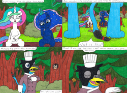 Size: 4319x3154 | Tagged: safe, artist:eternaljonathan, princess celestia, princess luna, oc, oc:nemo, alicorn, griffon, owl, pony, comic:first three back, g4, campfire, camping, chef, clothes, comic, disguise, egg, female, fire, flashback, forest, frying pan, gloves, guardian, hungry, levitation, log, magic, mare, nest, open mouth, pencil drawing, sitting, stomach growl, stomach noise, telekinesis, tent, this will end in weight gain, traditional art