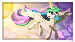Size: 3840x2160 | Tagged: safe, artist:attacktherain, princess celestia, alicorn, pony, g4, chest fluff, female, glowing horn, high res, horn, mare, open mouth, solo