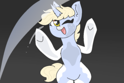 Size: 940x630 | Tagged: safe, artist:nootaz, oc, oc only, oc:nootaz, pony, unicorn, against glass, against wall, breaking the fourth wall, glass, happy, one eye closed, pressed against screen, smiling, solo, wink