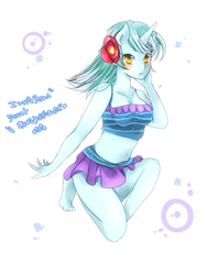 Size: 600x800 | Tagged: safe, artist:pippu, lyra heartstrings, equestria girls, equestria girls series, g4, anime, barefoot, belly button, blushing, clothes, cute, feet, female, horn, legs, looking at you, lyra heartstrings swimsuit, lyrabetes, miniskirt, moe, pony ears, simple background, skirt, solo, swimsuit, white background