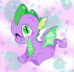 Size: 1075x1052 | Tagged: safe, artist:softandsparli, spike, dragon, g4, baby, baby dragon, cute, looking at you, male, one eye closed, scales, smiling, spikabetes, stars, winged spike, wings, wink