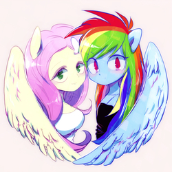 Size: 1000x1000 | Tagged: safe, artist:hacha, fluttershy, rainbow dash, equestria girls, g4, clothes, female, lesbian, looking at you, needs more brightness, ponied up, ship:flutterdash, shipping, simple background, wings
