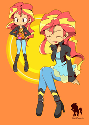Size: 707x1000 | Tagged: safe, artist:hacha, sunset shimmer, equestria girls, boots, clothes, cute, eyes closed, female, hand on hip, jacket, jeans, leather jacket, looking at you, pants, shimmerbetes, shoes