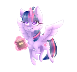 Size: 1024x951 | Tagged: safe, artist:luulyh, twilight sparkle, alicorn, pony, g4, book, cheek fluff, chest fluff, chibi, female, glowing horn, heart eyes, horn, magic, signature, simple background, smiling, solo, spread wings, telekinesis, transparent background, twilight sparkle (alicorn), wingding eyes, wings